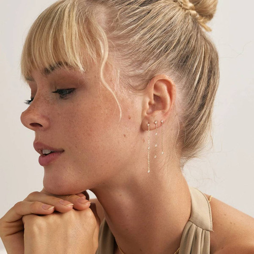 Brinco Ouro 18k 750 Feminino Pendulo Pontos Diamante Luxo - Imagem 3