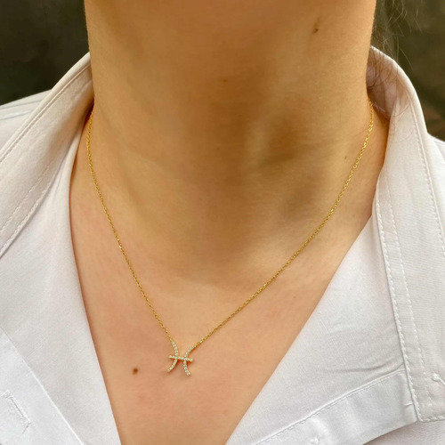 Colar Feminino Ouro 18k Signo Peixes Cravejado Diamante Luxo - Imagem 2