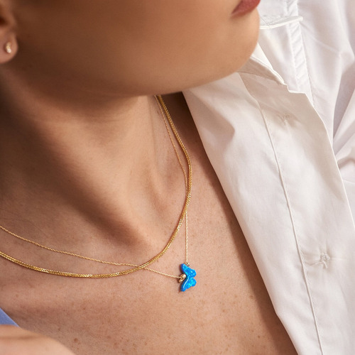 Colar Ouro 18k750 Borboleta Em Opala Azul Com Ponto Diamante - Imagem 4