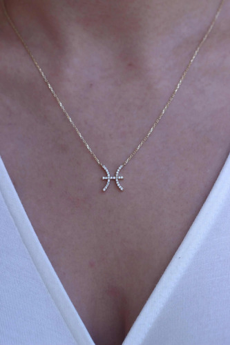 Colar Feminino Ouro 18k Signo Peixes Cravejado Diamante Luxo - Imagem 4