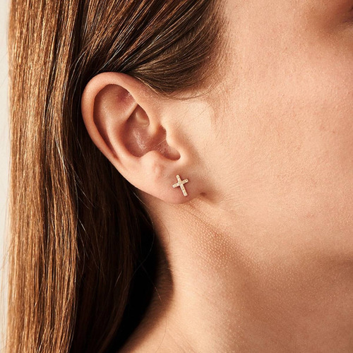 Brinco Feminino Ouro 18k750 Cruz Delicada Cravejado Diamante - Imagem 3