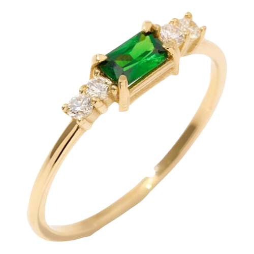 Anel Ouro 18k Feminino Esmeralda Central Diamantes Laterais