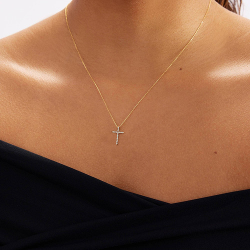 Colar Solitário Ouro 18k750 Feminino Cruz Cravejada Diamante - Imagem 3