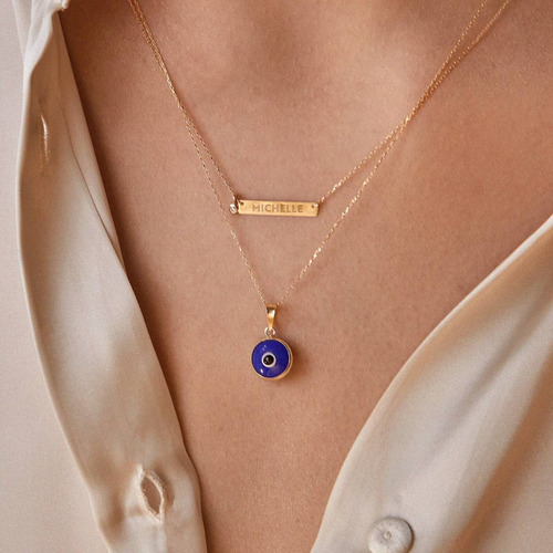 Colar Feminino Ouro 18k Placa De Gravação Ponto De Diamante - Imagem 4