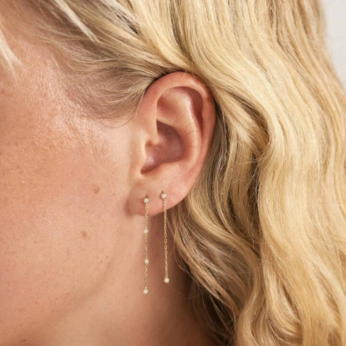 Brinco Ouro 18k 750 Feminino Pendulo Pontos Diamante Luxo - Imagem 2