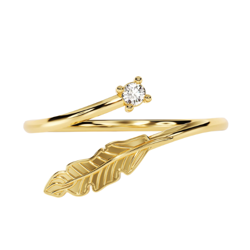 Anel Ouro 18k Feminino Pena Pássaro Cravejada Luxo Elegante
