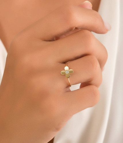 Anel Ouro 18k750 Feminino Flor Delicada Com Diamante Central - Imagem 2