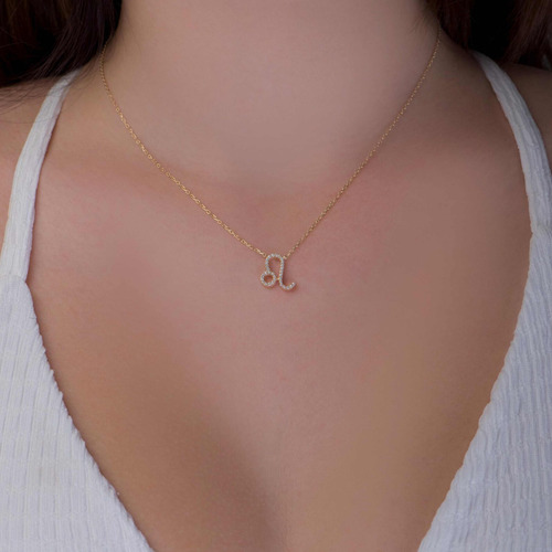 Colar Feminino Ouro 18k Signo Leão Cravejado Diamante - Imagem 2