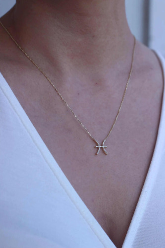 Colar Feminino Ouro 18k Signo Peixes Cravejado Diamante Luxo - Imagem 3