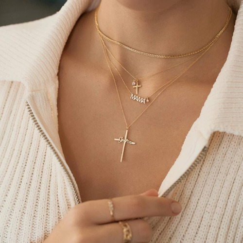 Colar Ouro 18k Feminino Mamãe Ponto Diamante Elegante Luxo - Imagem 4