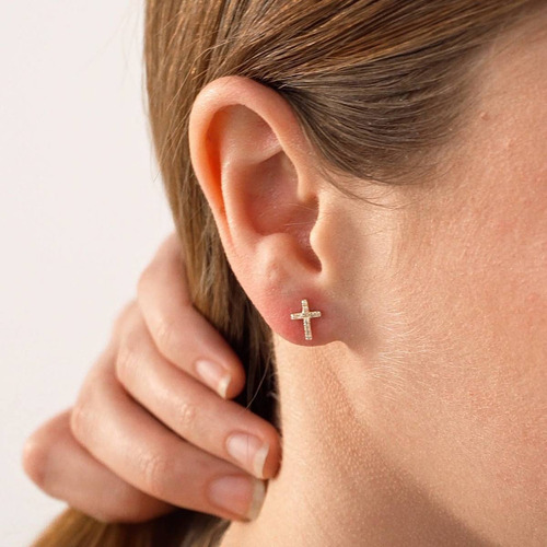 Brinco Feminino Ouro 18k750 Cruz Delicada Cravejado Diamante - Imagem 4