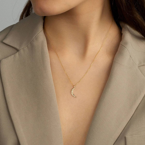 Colar Ouro 18k 750 Feminino Lua Nova Cravejada Diamante Luxo - Imagem 2