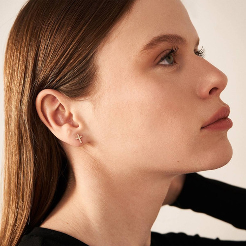 Brinco Feminino Ouro 18k750 Cruz Delicada Cravejado Diamante - Imagem 2