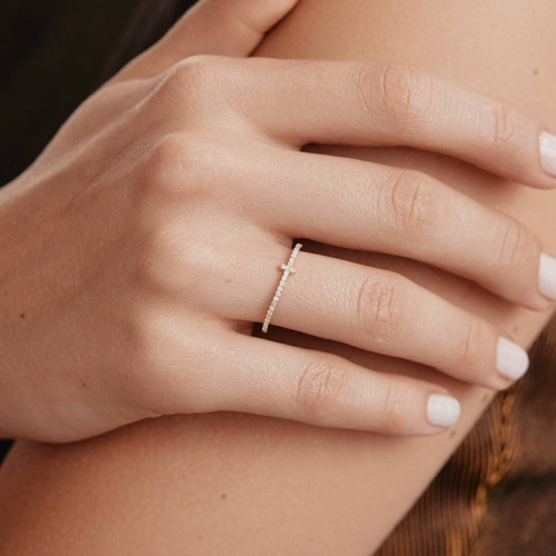 Anel Solitário Feminino Ouro 18k 750 Cruz Cravejada Diamante - Imagem 2