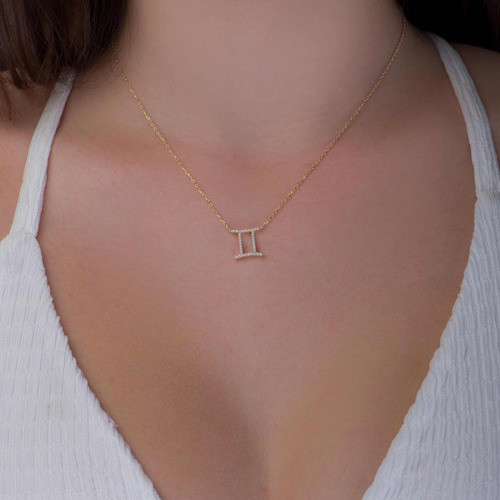Colar Feminino Ouro 18k Signo Gêmeos Cravejado Diamante - Imagem 2