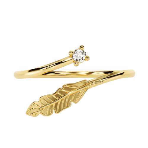 Anel Ouro 18k Feminino Pena Pássaro Cravejada Luxo Elegante