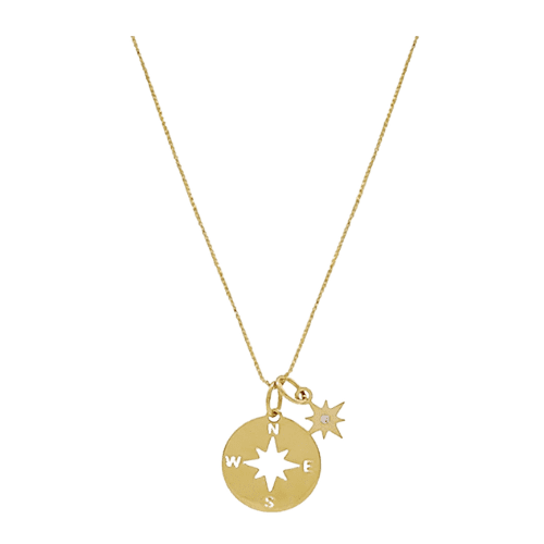 Colar Feminino Ouro 18k 750 Bússola Ponto De Diamante Luxo