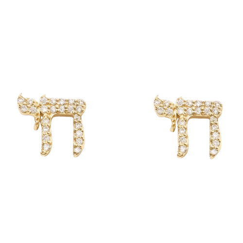 Brinco Ouro 18k Feminino Símbolo Chai Cravejado Diamante
